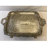 Large silver plated ornate serving tray with two handles & ornate feet. Presented to Harold