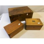 A Solid Mahogany writing slope box with brass inlays, Together with 2 small jewel boxes