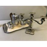 Picquot tea service with tray and 3 branch candelabra
