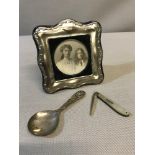 White metal Victorian photo frame, 800 Grade silver spoon & Sheffield silver and mother of pearl