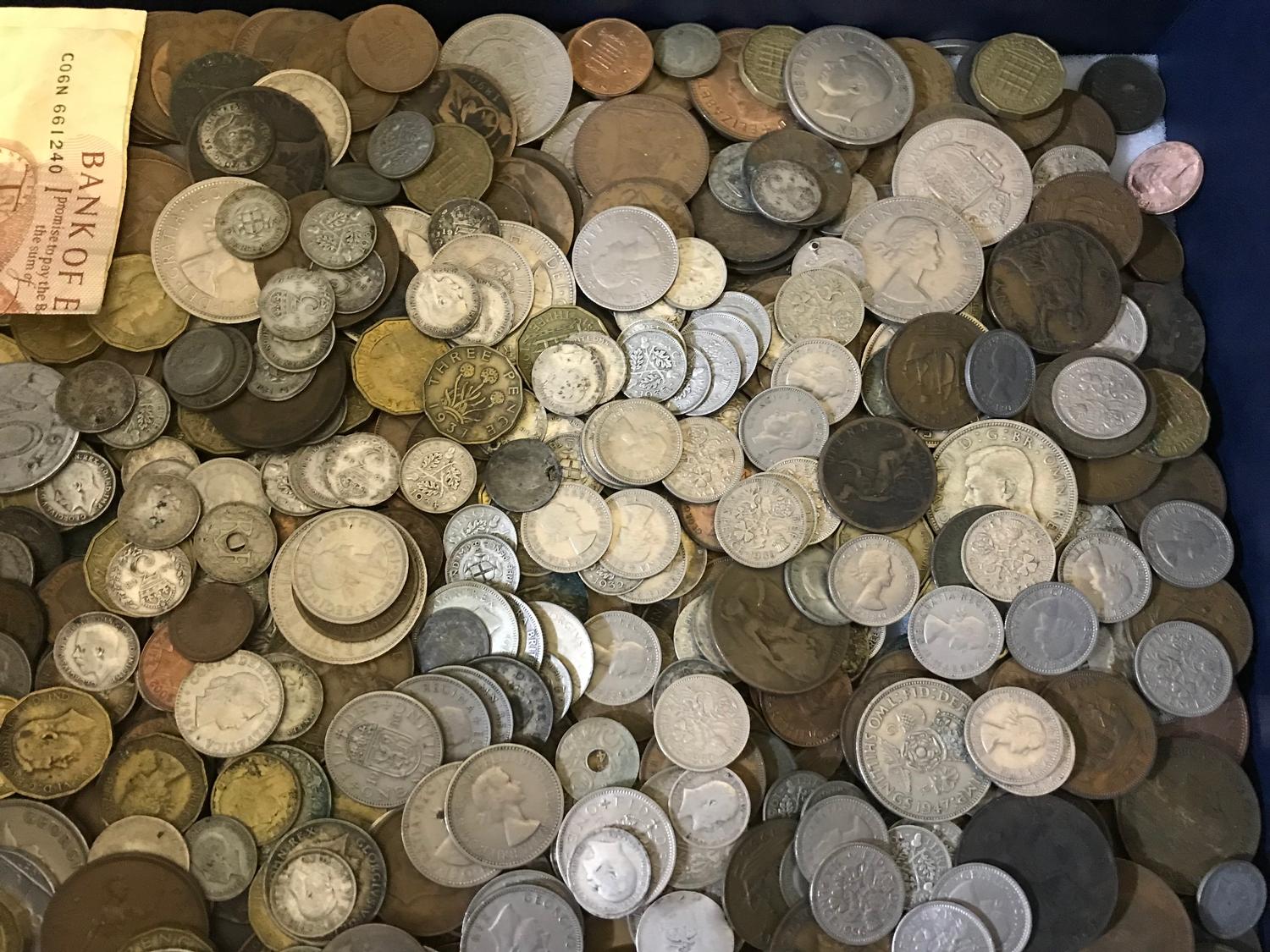 A Box full of mixed pre decimal coins. Includes silver three pence pieces, Half crowns etc - Image 4 of 5