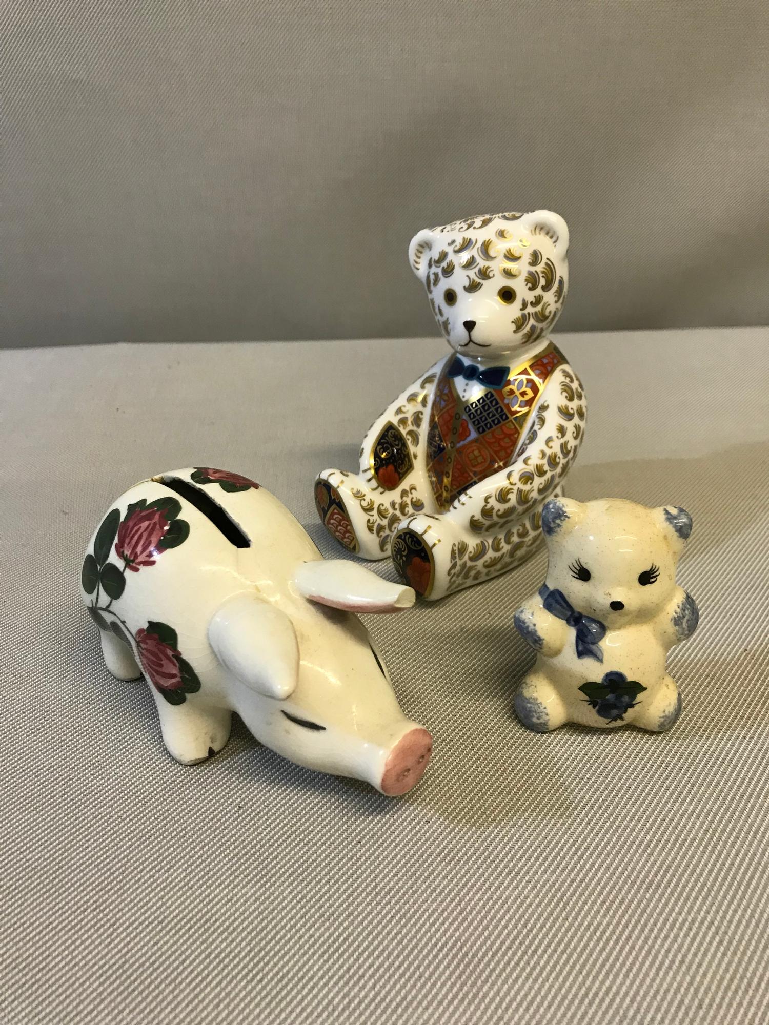 Royal Crown Derby large sitting bear (Height 12cm) together with Plichta pig bank & bear