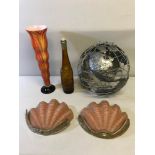 A mixed lot to include a pair of art deco shell wall lights, an art deco vase, a brown monkey bottle