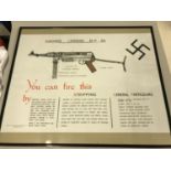 A vintage Machine Carbine M.P 38. Nazi poster, issued by W.R. District Weapons Training School,