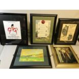 A Lot of 5 framed posters & advertisments which includes GiGi movie poster & Golf advertising