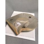 Vintage mother of pearl shell pin dish styled on 3 bun feet and Japanese signature characters