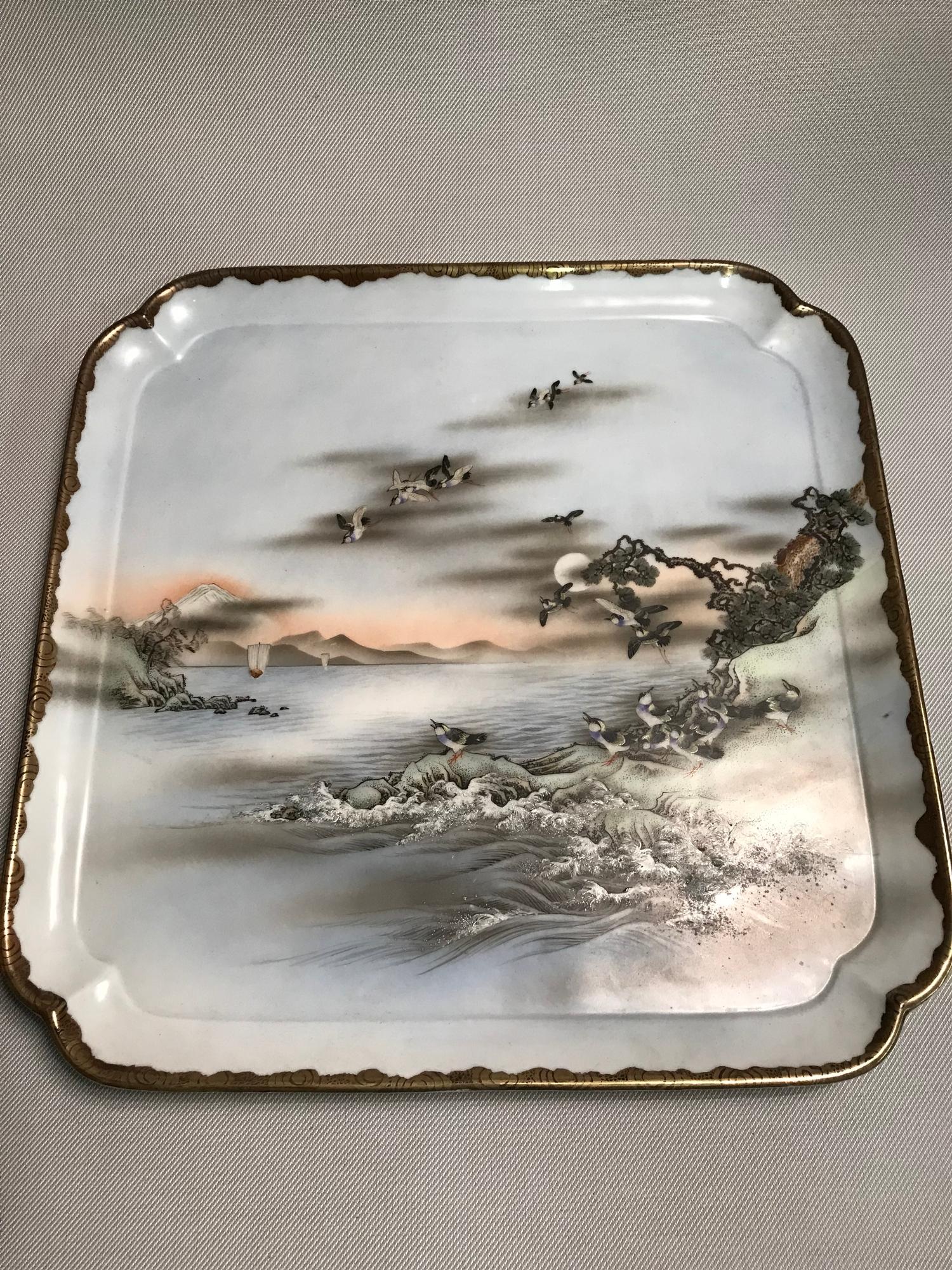 Japanese 19th century hand painted serving tray depicting Birds, ocean and mountain scene. Has