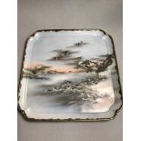 Japanese 19th century hand painted serving tray depicting Birds, ocean and mountain scene. Has