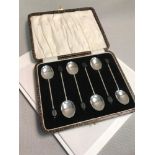 A Set of 6 Birmingham silver coffee bean spoons fitted within the original box. Makers William