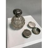 Birmingham silver topped perfume bottle & 2 white metal pill/ snuff boxes