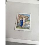 Hand painted enamel women bathing scene tile. Artist J.W.Ingate Fecil dated 1826. Measures 8x6.5cm.