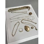 A Lot of various sized 9ct gold chains and bracelets. 9ct gold ring, lockets & yellow metal Albert