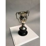 Birmingham silver 2 handled trophy with wooden stand. Makers Deakin & Francis Ltd. Dated 1932.