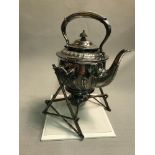 Ornate EP Spirit kettle with stand and burner. Makers Walker & Hall. Stands 29cm in height.