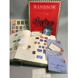 Windsor stamp album of Great Britain which includes 2 penny blacks plate 5, penny reds & blues