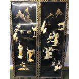 A Pair of Oriental black lacquered wall panels depicting Geisha girls. Measures 92x30cm