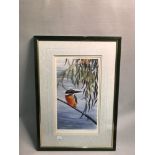 Limited edition print of a kingfisher resting on a rod. Limited 16/850. By Dorothea Buxton-Hyde.