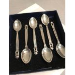 A Set of 6 Georg Jensen Denmark 925 Sterling silver tea spoons.