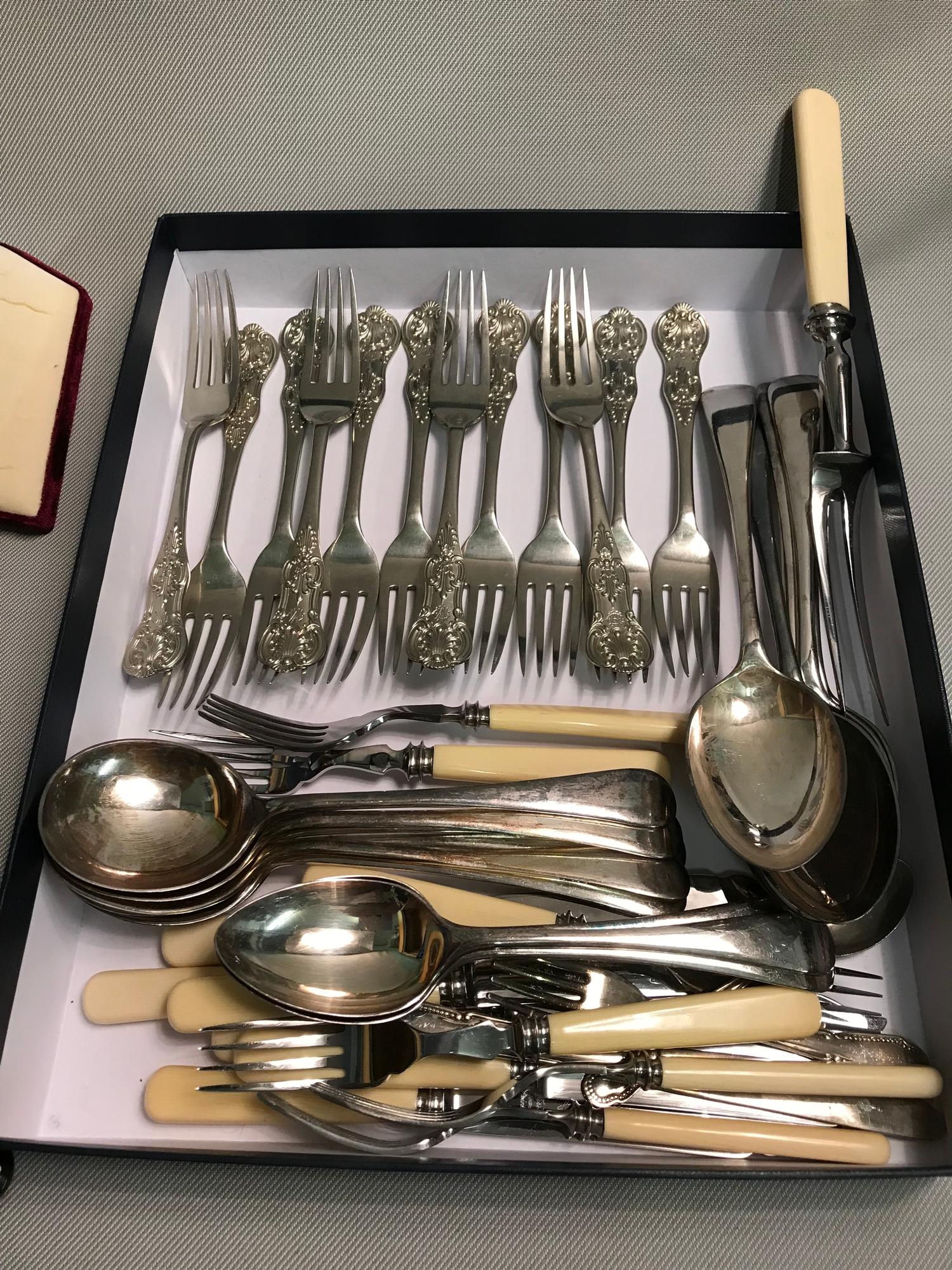 A Lot of EP flat wares which includes kings fork set.