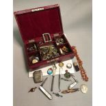 Antique jewellery box filled with various collectables to include vesta case, fruit knifes, silver