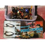 Tub of vintage keyrings & Grand Prix Road racing set