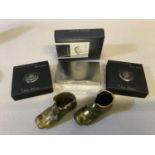 Georg Jensen card holder with box, 2 Thistle design pill boxes and two brass boots.