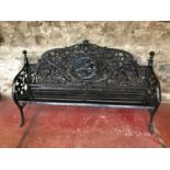 Heavy cast iron garden bench, Highly detailed with foliage and bird designs, centred with a nude