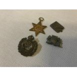 2 Military medals and cap badges, Silver stamp holder and sterling silver badge