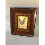 Cockerel watercolour etching, within a burr walnut frame, no signature