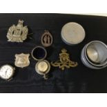 A mixed lot to include Kings Own Scottish Borders cap badge, sovereign holder & vintage watch etc