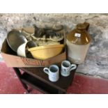 A Box full of vintage Harper scales with weights, Mincer, Mixing bowls and Stone ware flagon