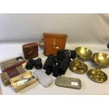 A Collection of odds which includes Regent binoculars, camera, 2 shavers and Rolls Razors, Brass