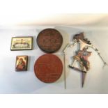 A mixed lot to include two religious plaque icons, two Chinese lacquered lidded compartment boxes