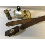 A military officers horse pouch with belt, together with a military flask & miniature miners lamp