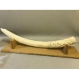 c1890s carved ivory tusk with elephant and rhino foliage, comes with provenance paper work. Measures