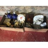 2 boxes of collectables which include ornate manicure box,Antique tiles & various porcelain