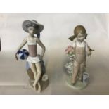2 Lladro figures, Girl at the beach & girl with the flowers & bird.