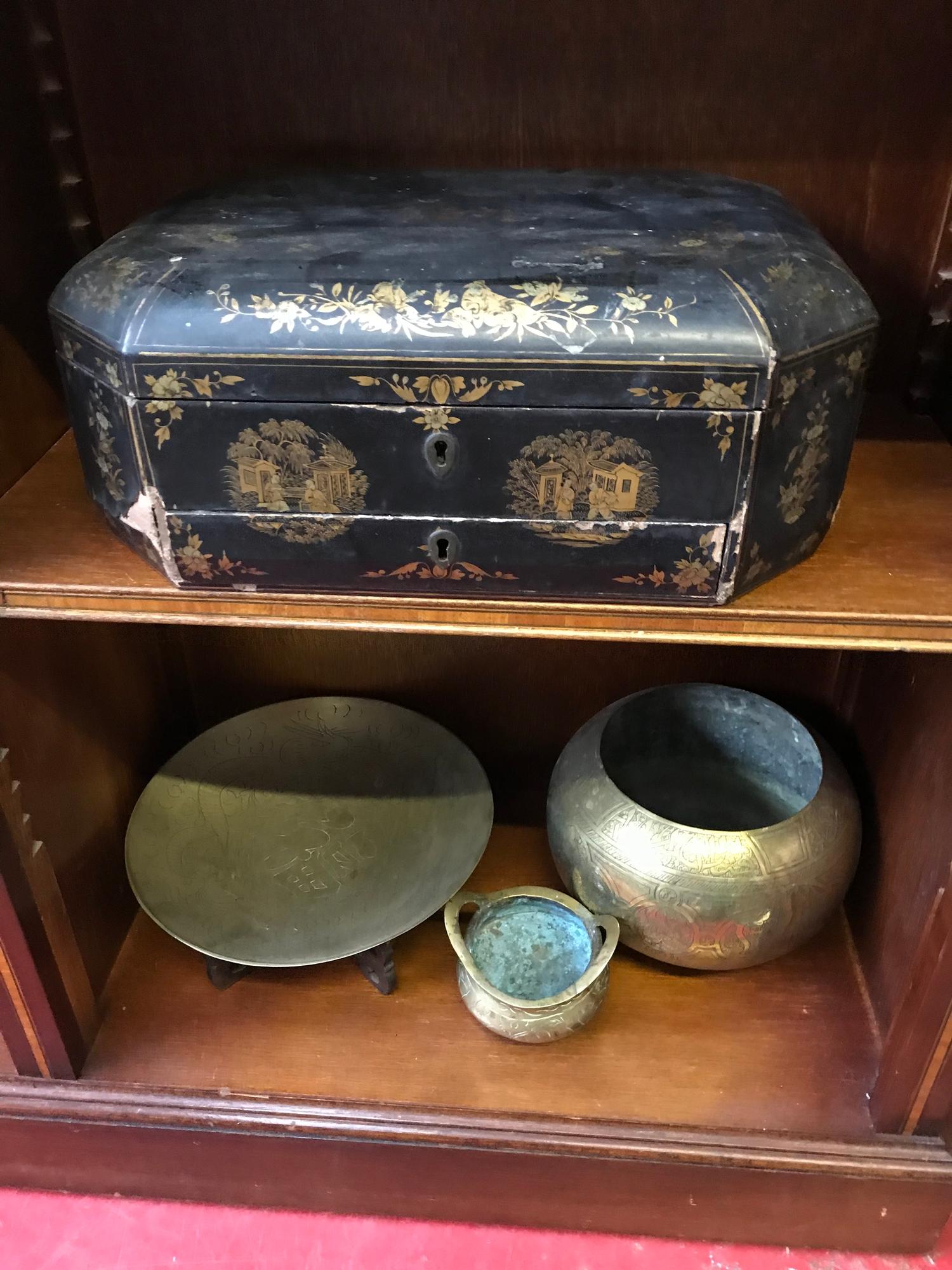 3 Far eastern brass bowls, Censor pot & Lacquered jewellery box (needs attention)