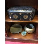 3 Far eastern brass bowls, Censor pot & Lacquered jewellery box (needs attention)