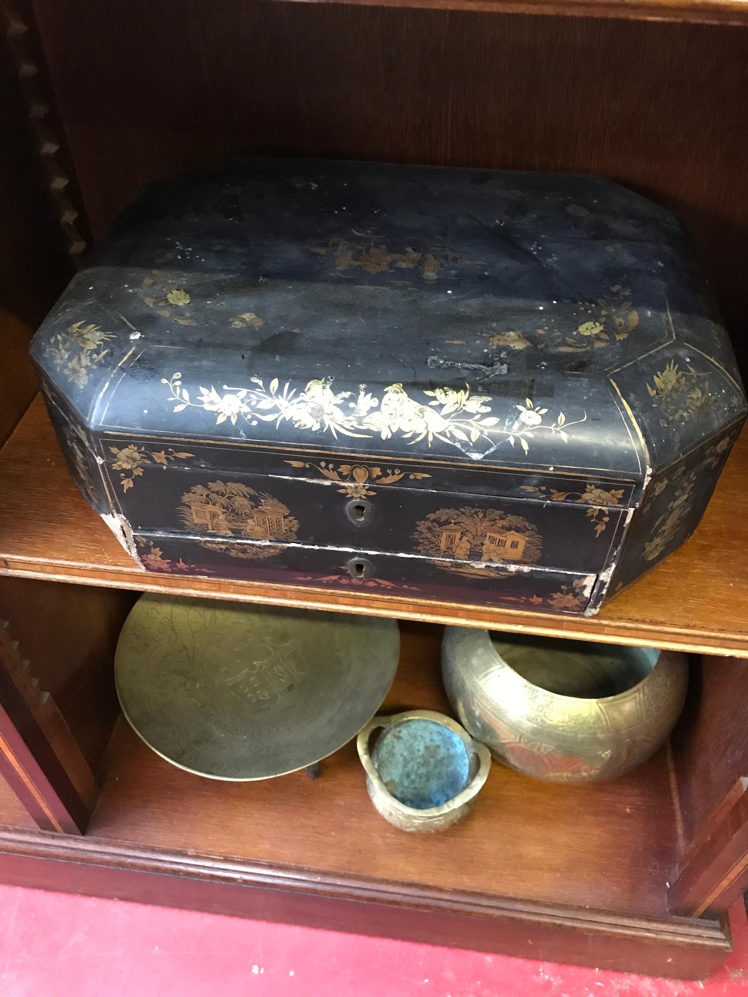 3 Far eastern brass bowls, Censor pot & Lacquered jewellery box (needs attention) - Image 2 of 2