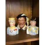 Royal Doulton 'Sir Francis Drake'large toby jug, together with Queen Mary & King George character