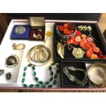 A Tray of costume and silver jewellery which includes Sterling Siam brooch and earring set