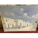 Large oil on canvas 1980s South Western painting depicting An Adobe Pueblo by Jose Aricopa