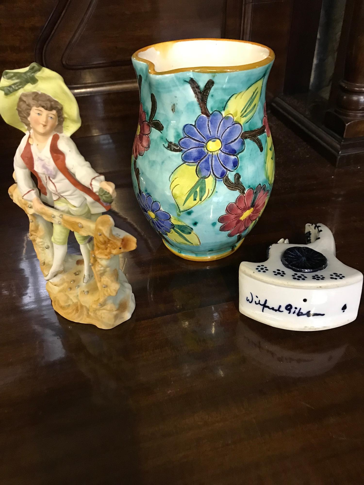 Bisque style figure, W Gibson porcelain rocking figure & floral design jug - Image 2 of 2