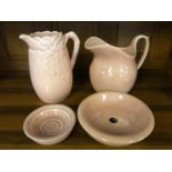 Clarice Cliff pink coloured water jug together with Susie Cooper jug & 2 soap dishes