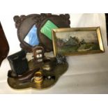 A mixed lot to include vintage wind calendar, Imperial Radio & countryside scene oil painting