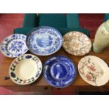 A Lot of 6 various Antique serving and cabinet plates which includes Dickens Opaque China dish,
