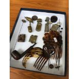 A Box of mixed collectable odds, Which includes Brass bird whistle, Turtles shell combs, Trench