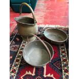 Copper two handle wash bowl, brass jelly pan & brass coal skuttle