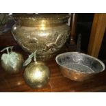 Large Arabic brass planter, highly decorated with animals, 2 Heavy brass fruit ornaments & copper